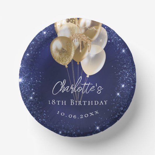 誕生日ネイビーブルーグリッター金ゴールドバルーン ペーパーボウル (正面)