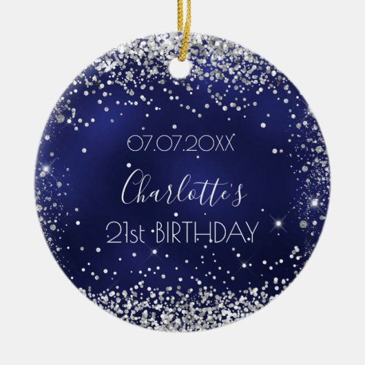 誕生日ネイビーブルーシルバーグリッタースパークルスフレンズ セラミックオーナメント (正面)
