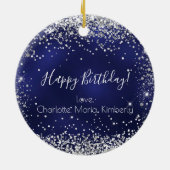 誕生日ネイビーブルーシルバーグリッタースパークルスフレンズ セラミックオーナメント (裏面)