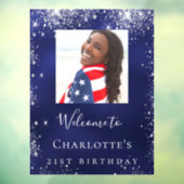 誕生日ネイビーブルーシルバーグリッターフォトウェルカム ウィンドウサイン (シート3)