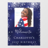 誕生日ネイビーブルーシルバーグリッターフォトウェルカム ウィンドウサイン (シート)