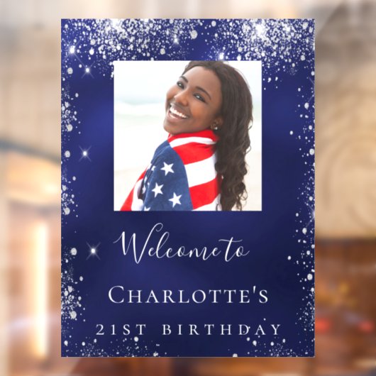 誕生日ネイビーブルーシルバーグリッターフォトウェルカム ウィンドウサイン (シート2)