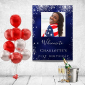 誕生日ネイビーブルーシルバーグリッターフォトウェルカム ポスター