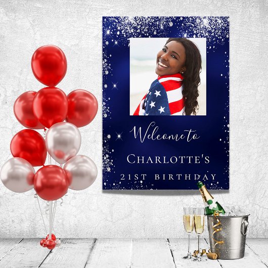 誕生日ネイビーブルーシルバーグリッターフォトウェルカム ポスター