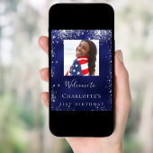 誕生日ネイビーブルーシルバーグリッターフォトウェルカム ポスター