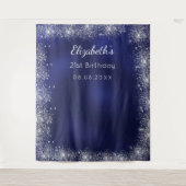誕生日ネイビーブルーシルバーグリッター写真の背景 タペストリー (正面)