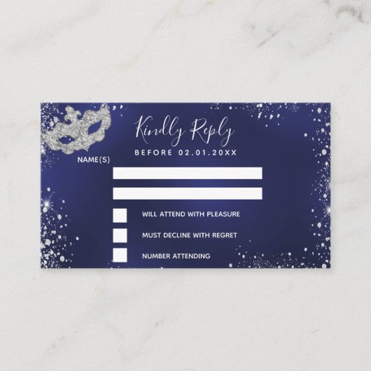 誕生日ネイビーブルーシルバーマスカレードRSVP エンクロージャーカード (正面)