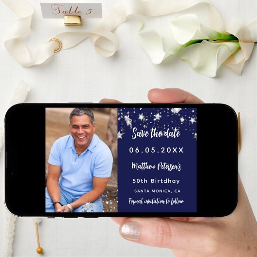 誕生日ネイビーブルーシルバー写真の日付を保存 セーブザデート