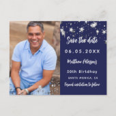 誕生日ネイビーブルーシルバー写真の日付を保存 案内ポストカード (正面)