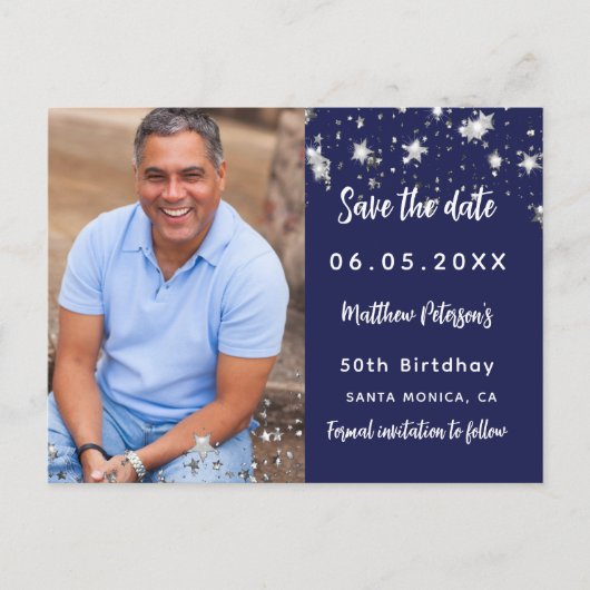 誕生日ネイビーブルーシルバー写真の日付を保存 案内ポストカード (正面)