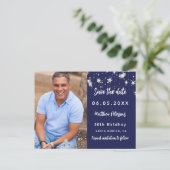 誕生日ネイビーブルーシルバー写真の日付を保存 案内ポストカード (スタンド正面)