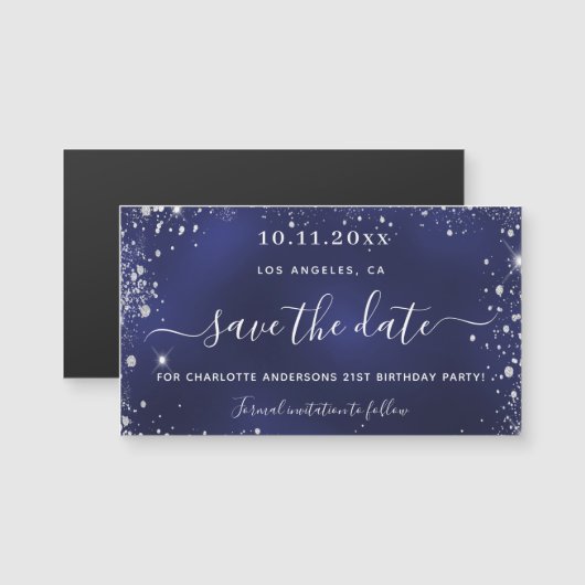 誕生日ネイビーブルーシルバー日付磁石を保存 (正面/裏面)