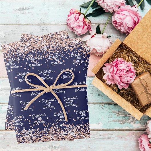誕生日ネイビーブルーバラ金ゴールド名エレガント ラッピングペーパーシート