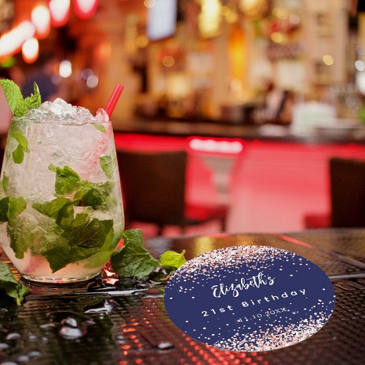 誕生日ネイビーブルーバラ金ゴールド紙吹雪 ラウンドペーパーコースター