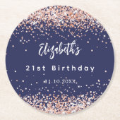 誕生日ネイビーブルーバラ金ゴールド紙吹雪 ラウンドペーパーコースター (正面)
