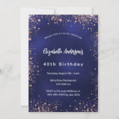 誕生日ネイビーブルーバラ金ゴールド輝く贅沢 招待状 (正面)