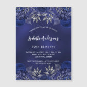 誕生日ネイビーブルーフラワーエレガントズ高級 マグネット招待状 (正面)