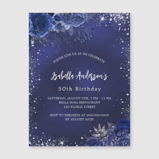 誕生日ネイビーブルーフラワーシルバースパークリュース マグネット招待状 (正面)
