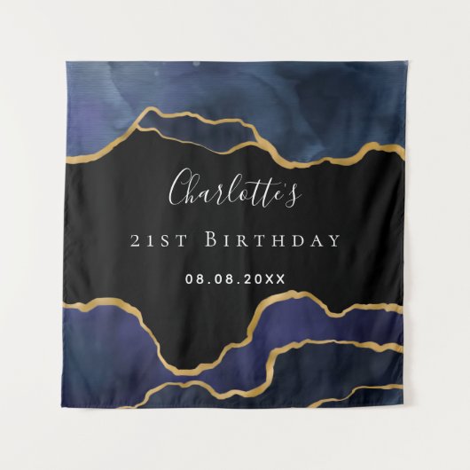誕生日ネイビーブルーブラック金ゴールド瑪瑙 タペストリー (正面)