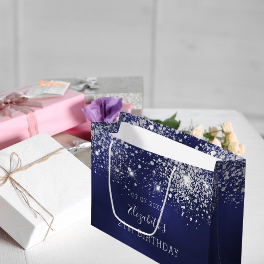 誕生日ネイビーブルーホワイトグリッター ラージペーパーバッグ
