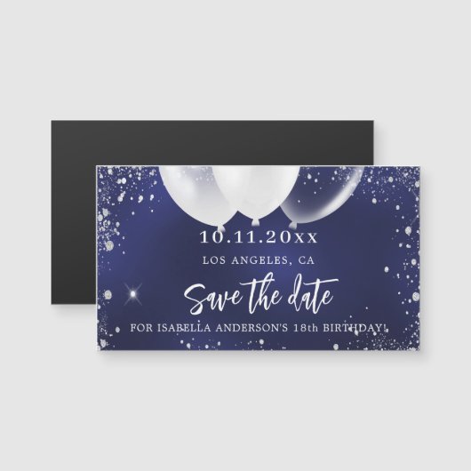 誕生日ネイビーブルーホワイトデイトマグネットを保存 (正面/裏面)