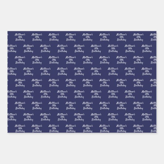 誕生日ネイビーブルーホワイトネームスクリプトミニマル ラッピングペーパーシート (正面)