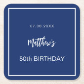 誕生日ネイビーブルーホワイトミニマリストの男性 スクエアペーパーコースター (正面)