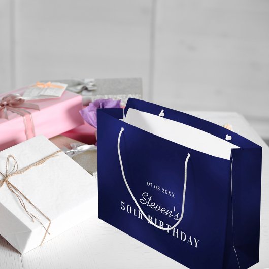 誕生日ネイビーブルーホワイトモノグラムモダン ラージペーパーバッグ