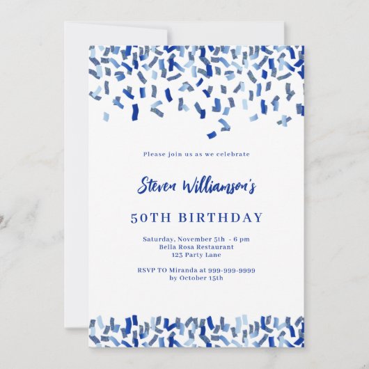 誕生日ネイビーブルーホワイト紙吹雪メンズガイ 招待状 (正面)