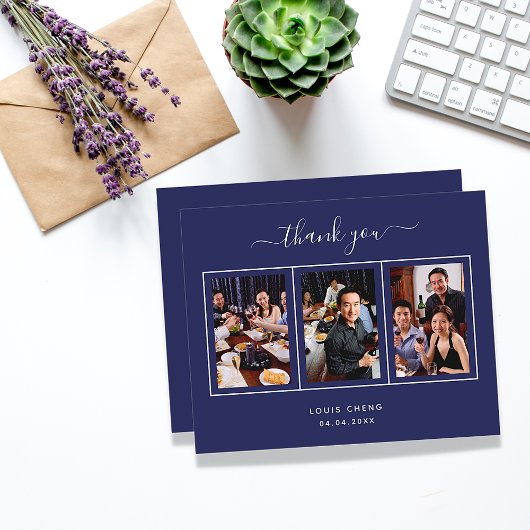 誕生日ネイビーブルー写真サンキューカード