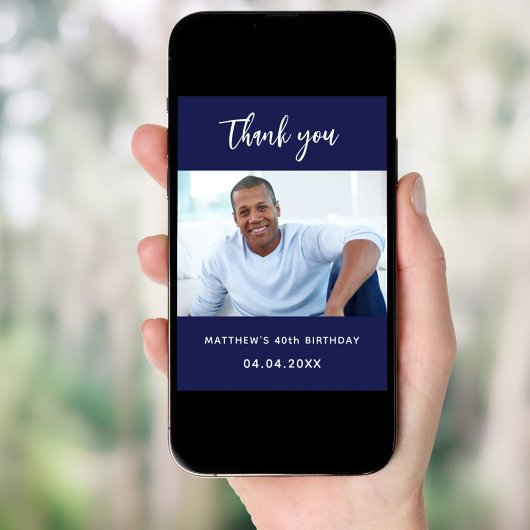 誕生日ネイビーブルー写真サンキューカード 招待状