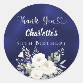 誕生日ネイビーブルー白い花ありがとう ラウンドシール (正面)