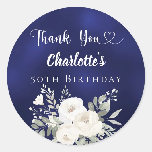 誕生日ネイビーブルー白い花ありがとう ラウンドシール (正面)