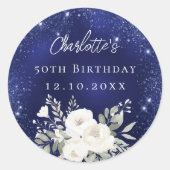 誕生日ネイビーブルー白い花 ラウンドシール (正面)