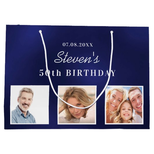 誕生日ネイビーブルー白カスタム色フォトモノグラム ラージペーパーバッグ (裏面)