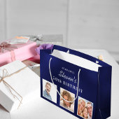 誕生日ネイビーブルー白カスタム色フォトモノグラム ラージペーパーバッグ