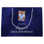 誕生日ネイビーブルー白カスタム色フォトモノグラム ラージペーパーバッグ (正面)