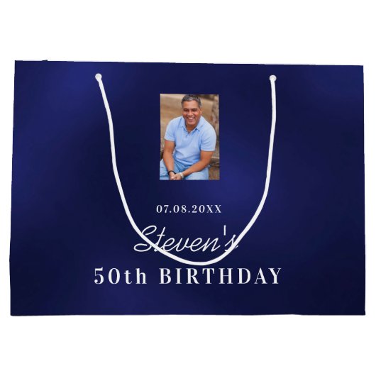 誕生日ネイビーブルー白カスタム色フォトモノグラム ラージペーパーバッグ (裏面)