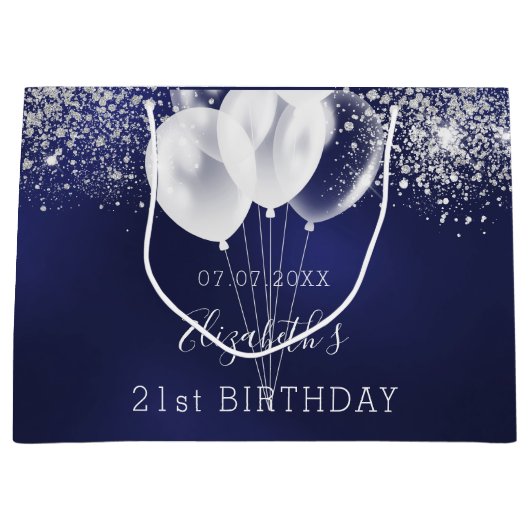 誕生日ネイビーブルー白グリッタースパークルズ ラージペーパーバッグ (正面)