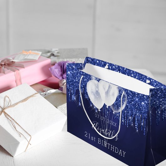 誕生日ネイビーブルー白グリッタードリップバルーン ラージペーパーバッグ