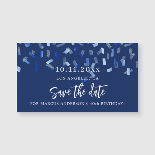 誕生日ネイビーブルー紙吹雪日付磁石を保存 (正面)