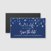 誕生日ネイビーブルー紙吹雪日付磁石を保存 (正面/裏面)