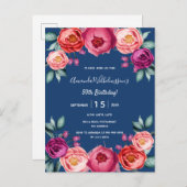 誕生日ネイビーブルー赤面紫の招待 ポストカード (正面/裏面)