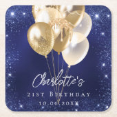 誕生日ネイビーブルー金ゴールドグリッターバルーン スクエアペーパーコースター (正面)