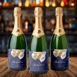 誕生日ネイビーブルー金ゴールドグリッターバルーン スパークリングワインラベル