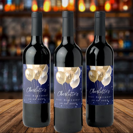 誕生日ネイビーブルー金ゴールドグリッターバルーン ワインラベル
