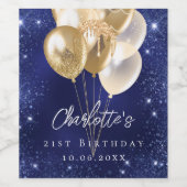 誕生日ネイビーブルー金ゴールドグリッターバルーン ワインラベル (シングルラベル)