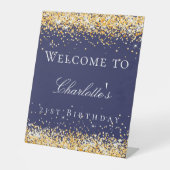 誕生日ネイビーブルー金ゴールドグリッター歓迎 台座サイン (正面)