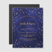 誕生日ネイビーブルー金ゴールドスターズパーティー数高級 マグネット招待状 (正面/裏面)