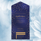 誕生日ネイビーブルー金ゴールドスターパーティーRSVP オールインワン招待状